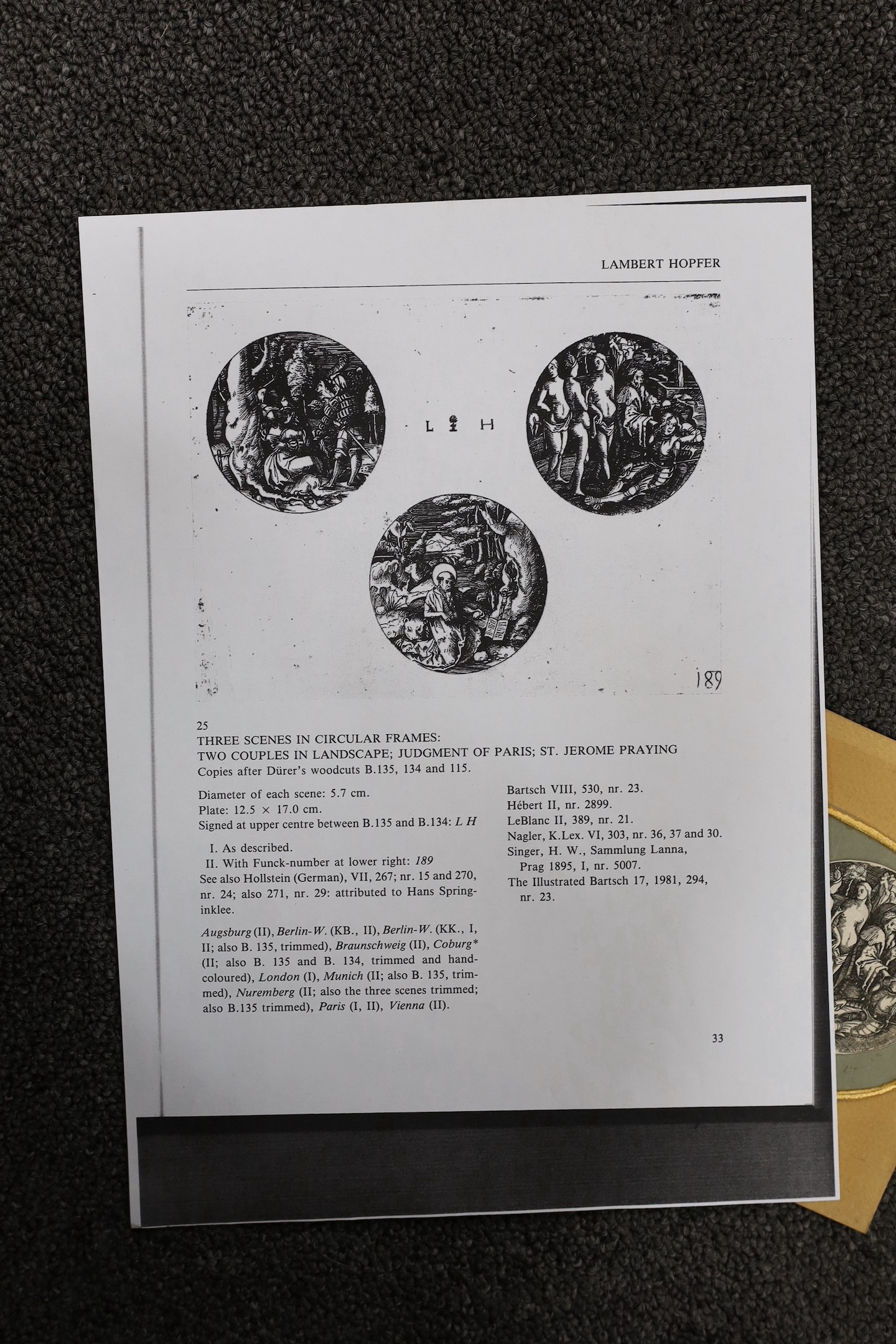 After Durer by Lambert Hopfer. Three engravings in shaped mount; Two couples in landscape, Judgement of Paris and St Jerome praying, B135/134, tondo, 5.5cm, unframed.